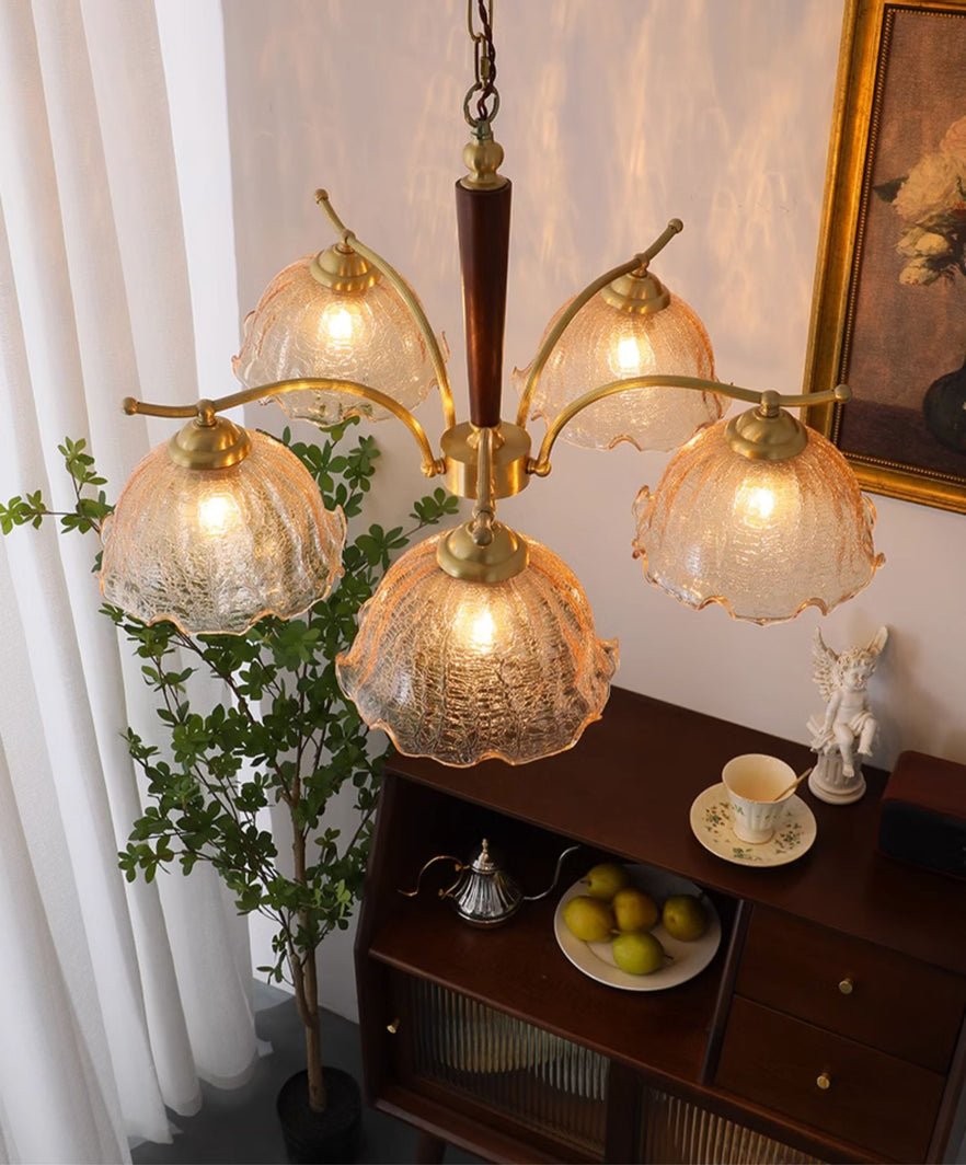 Elegant Amber Crackled Glass Flower Crown Chandelier with Brass Stalks and Ash Wood