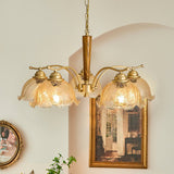Elegant Amber Crackled Glass Flower Crown Chandelier with Brass Stalks and Ash Wood