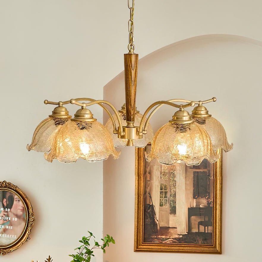 Elegant Amber Crackled Glass Flower Crown Chandelier with Brass Stalks and Ash Wood