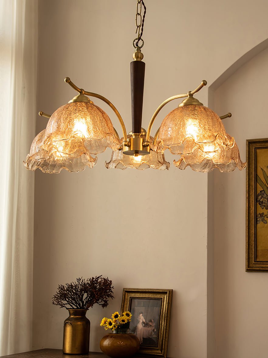 Elegant Amber Crackled Glass Flower Crown Chandelier with Brass Stalks and Ash Wood