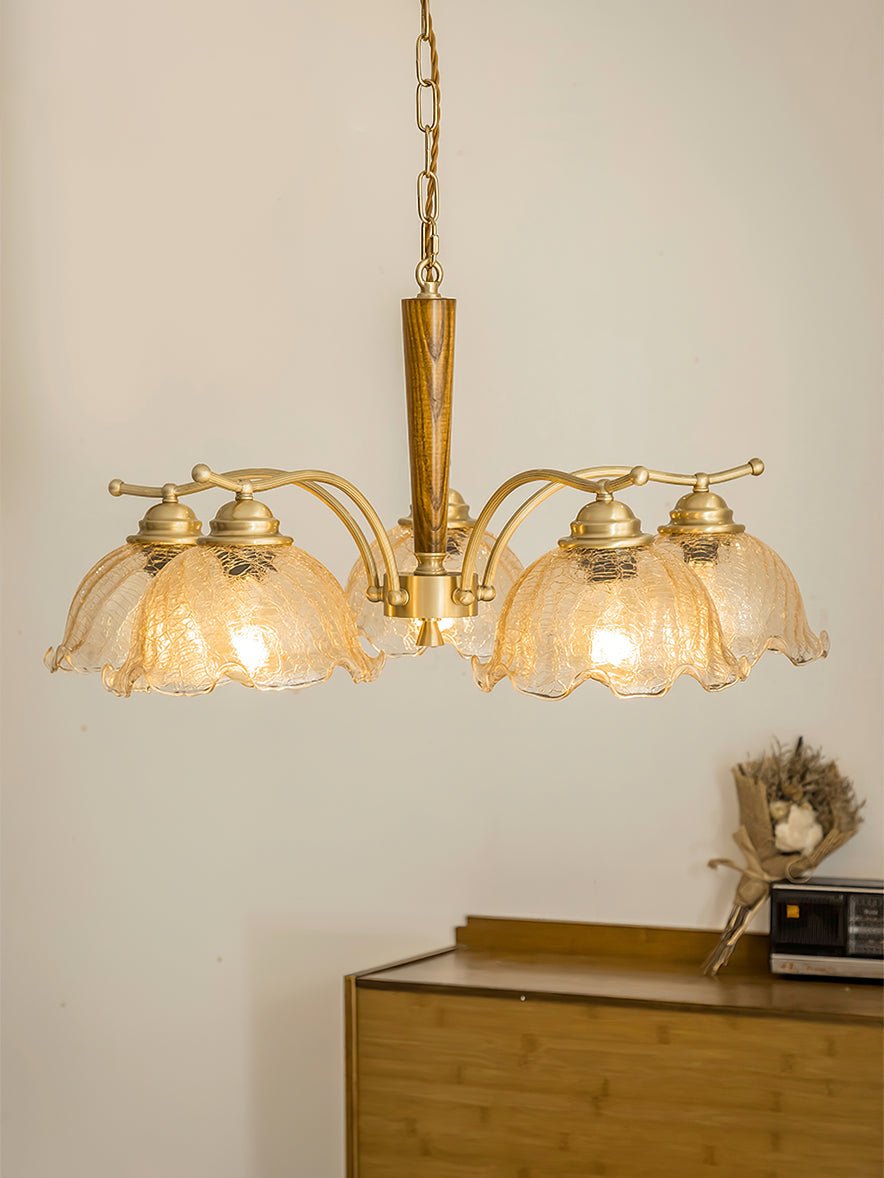 Elegant Amber Crackled Glass Flower Crown Chandelier with Brass Stalks and Ash Wood