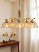 Elegant Amber Crackled Glass Flower Crown Chandelier with Brass Stalks and Ash Wood