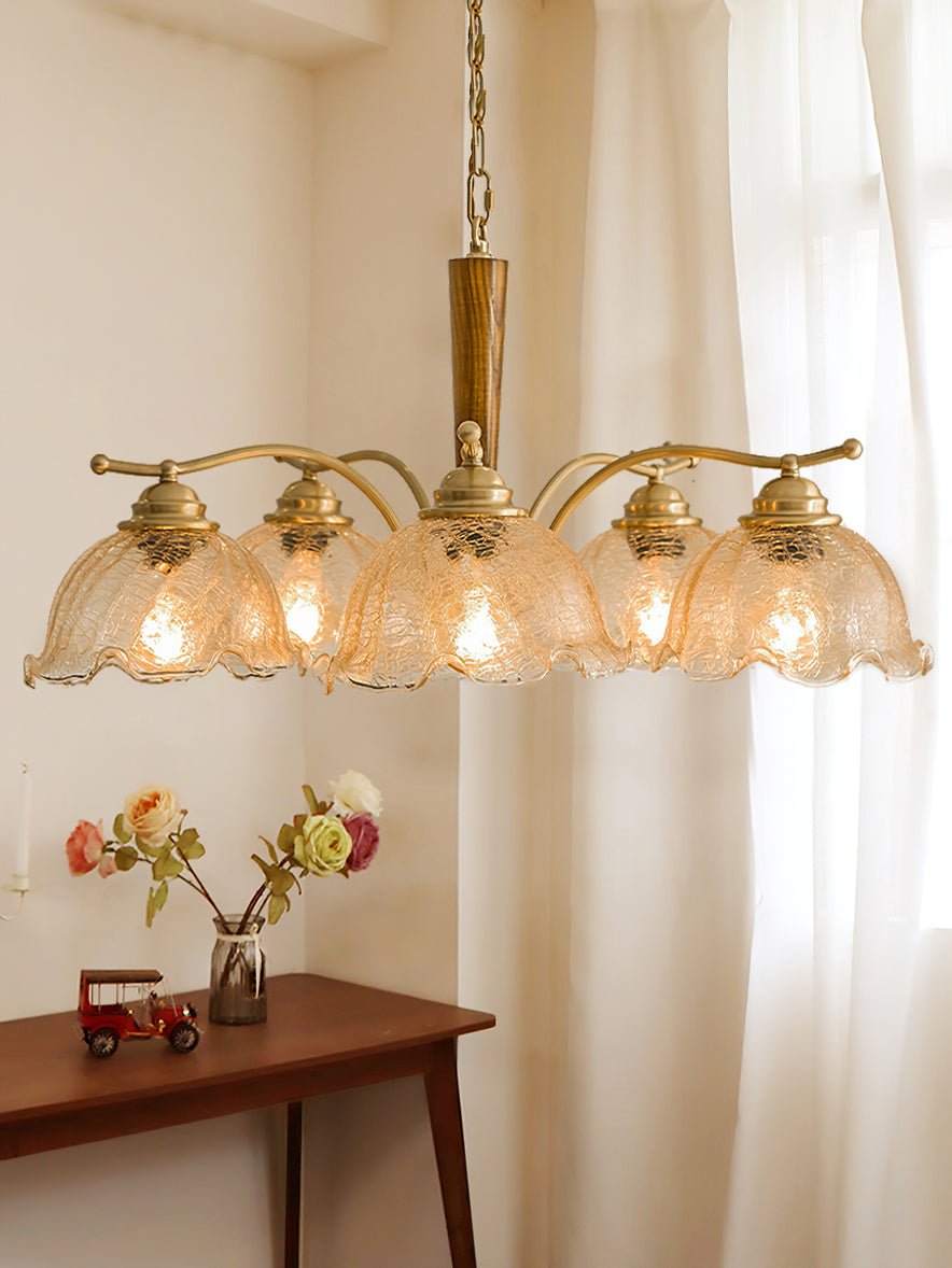Elegant Amber Crackled Glass Flower Crown Chandelier with Brass Stalks and Ash Wood