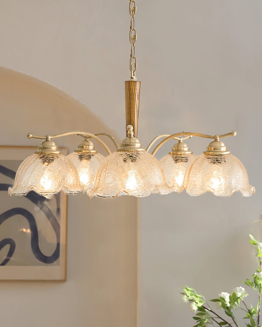 Elegant Amber Crackled Glass Flower Crown Chandelier with Brass Stalks and Ash Wood