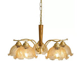Elegant Amber Crackled Glass Flower Crown Chandelier with Brass Stalks and Ash Wood