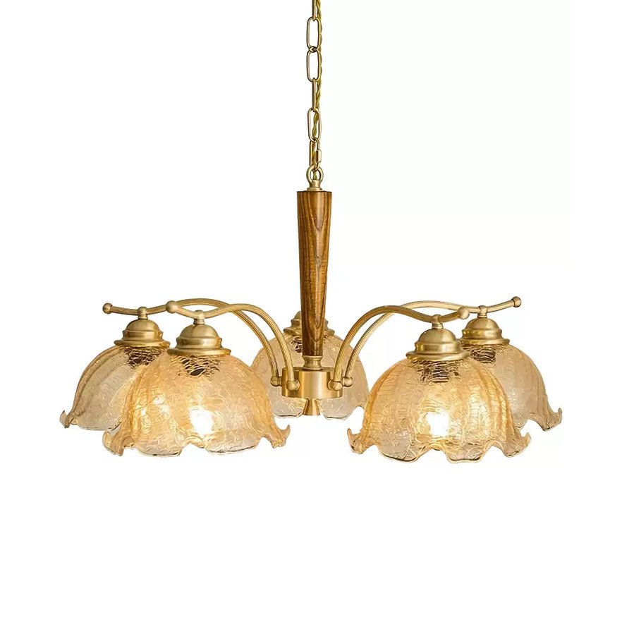 Elegant Amber Crackled Glass Flower Crown Chandelier with Brass Stalks and Ash Wood