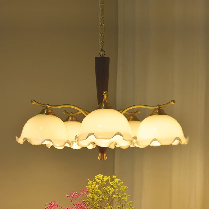 Elegant Amber Crackled Glass Flower Crown Chandelier with Brass Stalks and Ash Wood