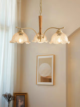 Elegant Amber Crackled Glass Flower Crown Chandelier with Brass Stalks and Ash Wood