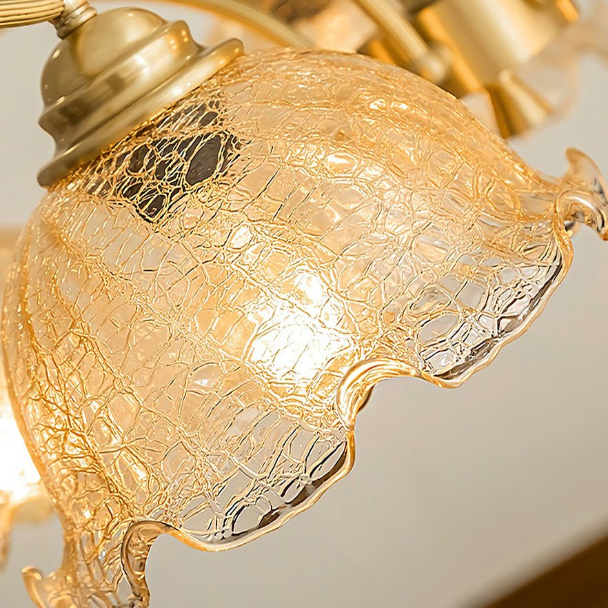 Elegant Amber Crackled Glass Flower Crown Chandelier with Brass Stalks and Ash Wood