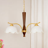 Elegant Amber Crackled Glass Flower Crown Chandelier with Brass Stalks and Ash Wood