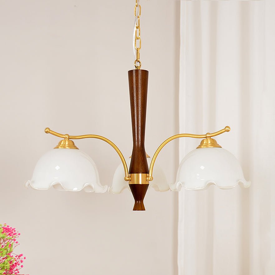 Elegant Amber Crackled Glass Flower Crown Chandelier with Brass Stalks and Ash Wood