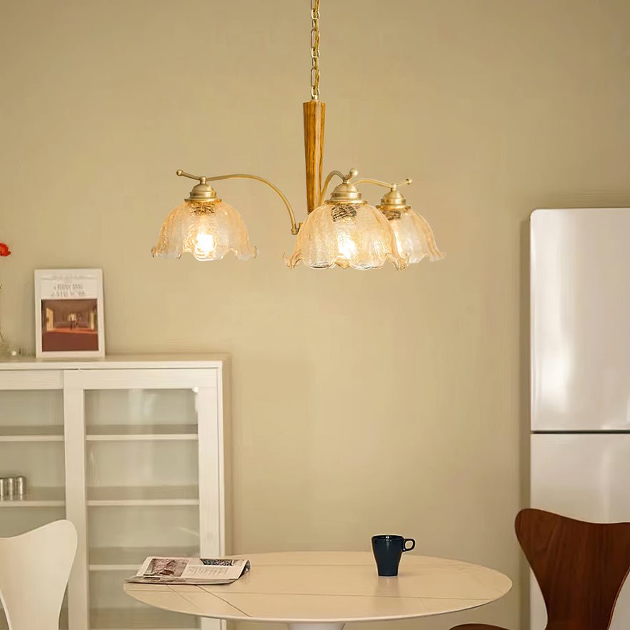 Elegant Amber Crackled Glass Flower Crown Chandelier with Brass Stalks and Ash Wood