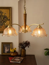 Elegant Amber Crackled Glass Flower Crown Chandelier with Brass Stalks and Ash Wood