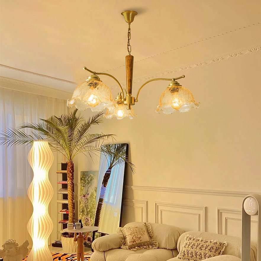 Elegant Amber Crackled Glass Flower Crown Chandelier with Brass Stalks and Ash Wood