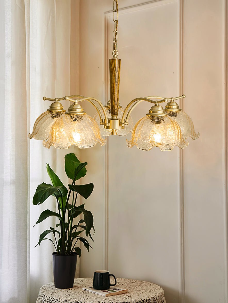Elegant Amber Crackled Glass Flower Crown Chandelier with Brass Stalks and Ash Wood