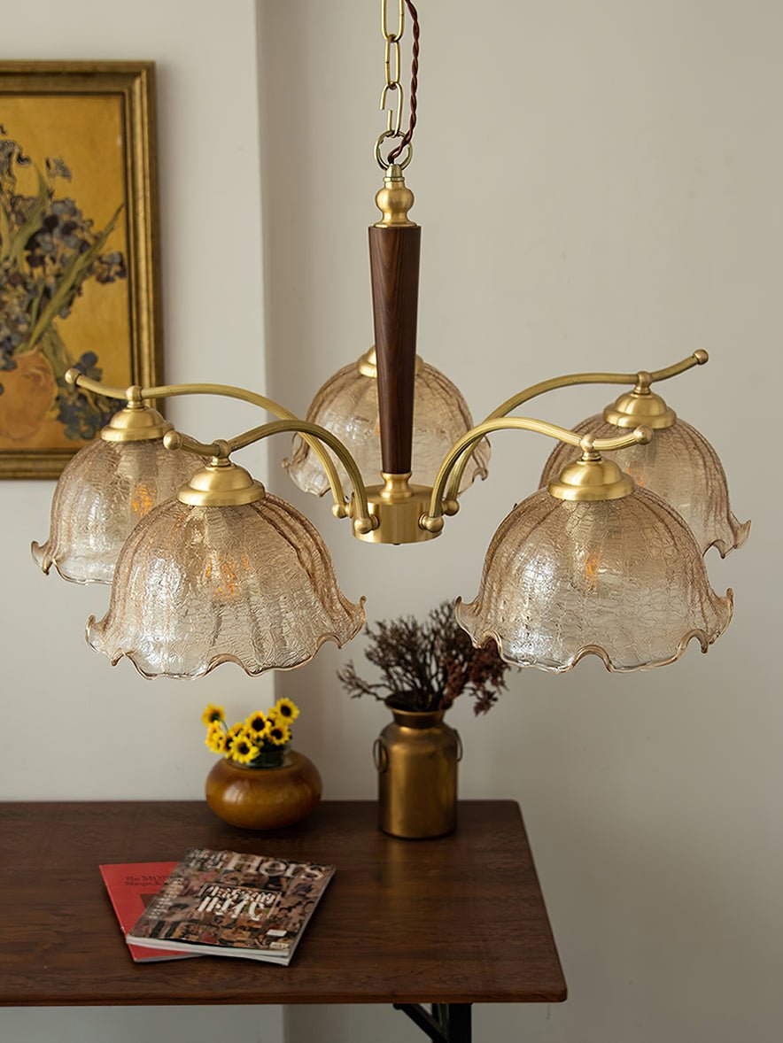 Elegant Amber Crackled Glass Flower Crown Chandelier with Brass Stalks and Ash Wood