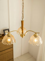 Elegant Amber Crackled Glass Flower Crown Chandelier with Brass Stalks and Ash Wood