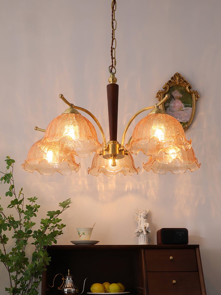 Elegant Amber Crackled Glass Flower Crown Chandelier with Brass Stalks and Ash Wood
