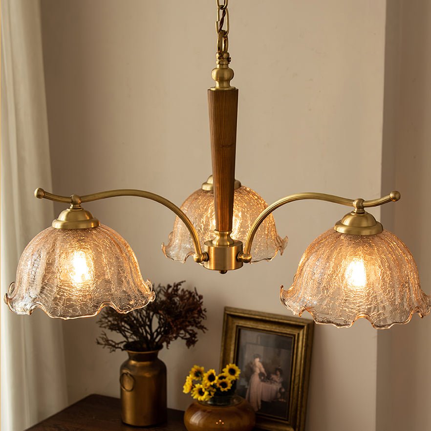 Elegant Amber Crackled Glass Flower Crown Chandelier with Brass Stalks and Ash Wood