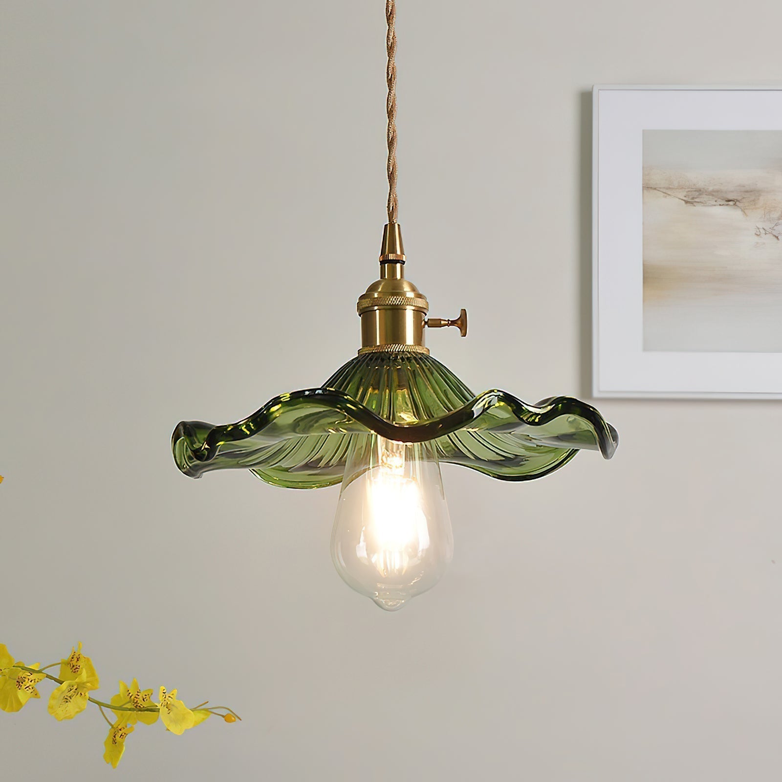 Elegant Art Nouveau Fluted Glass Hibiscus Flower Pendant Light with Brass Accents