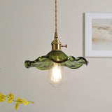 Elegant Art Nouveau Fluted Glass Hibiscus Flower Pendant Light with Brass Accents
