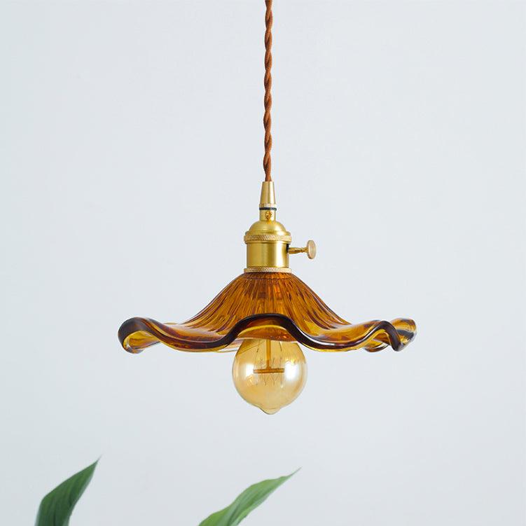 Elegant Art Nouveau Fluted Glass Hibiscus Flower Pendant Light with Brass Accents