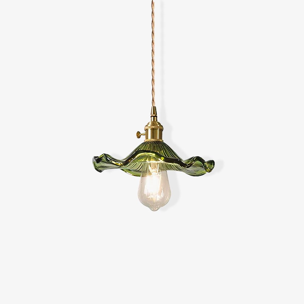 Elegant Art Nouveau Fluted Glass Hibiscus Flower Pendant Light with Brass Accents