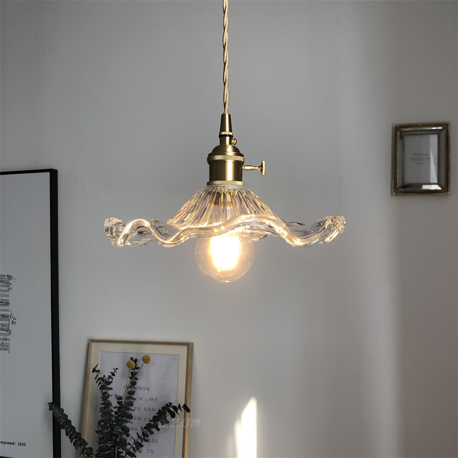 Elegant Art Nouveau Fluted Glass Hibiscus Flower Pendant Light with Brass Accents