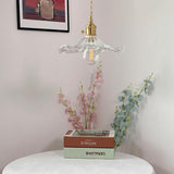 Elegant Art Nouveau Fluted Glass Hibiscus Flower Pendant Light with Brass Accents