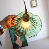Elegant Art Nouveau Fluted Glass Hibiscus Flower Pendant Light with Brass Accents