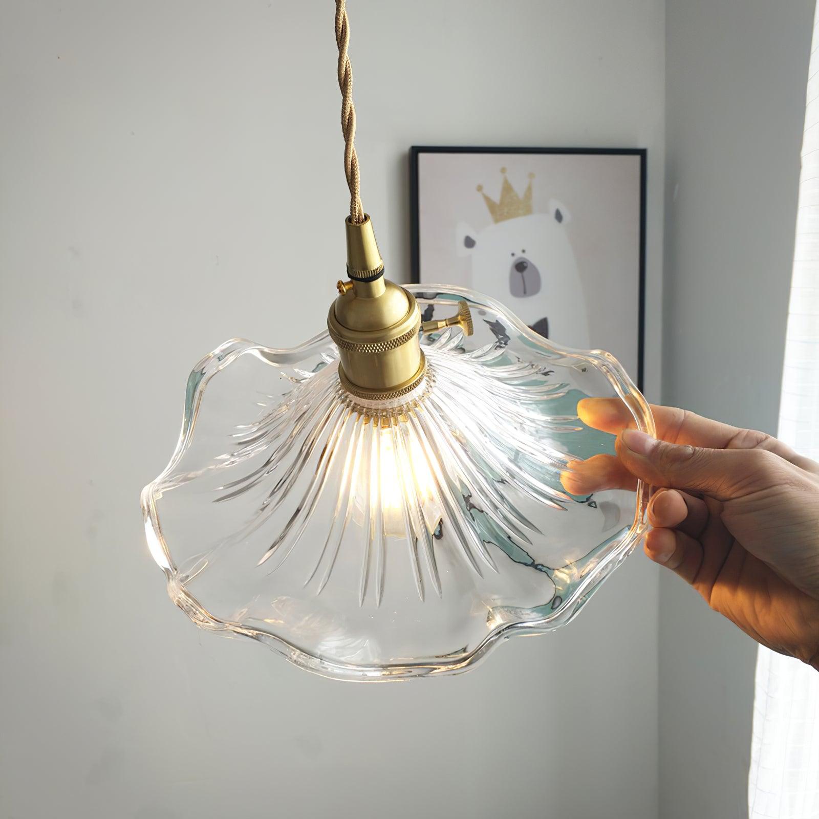 Elegant Art Nouveau Fluted Glass Hibiscus Flower Pendant Light with Brass Accents