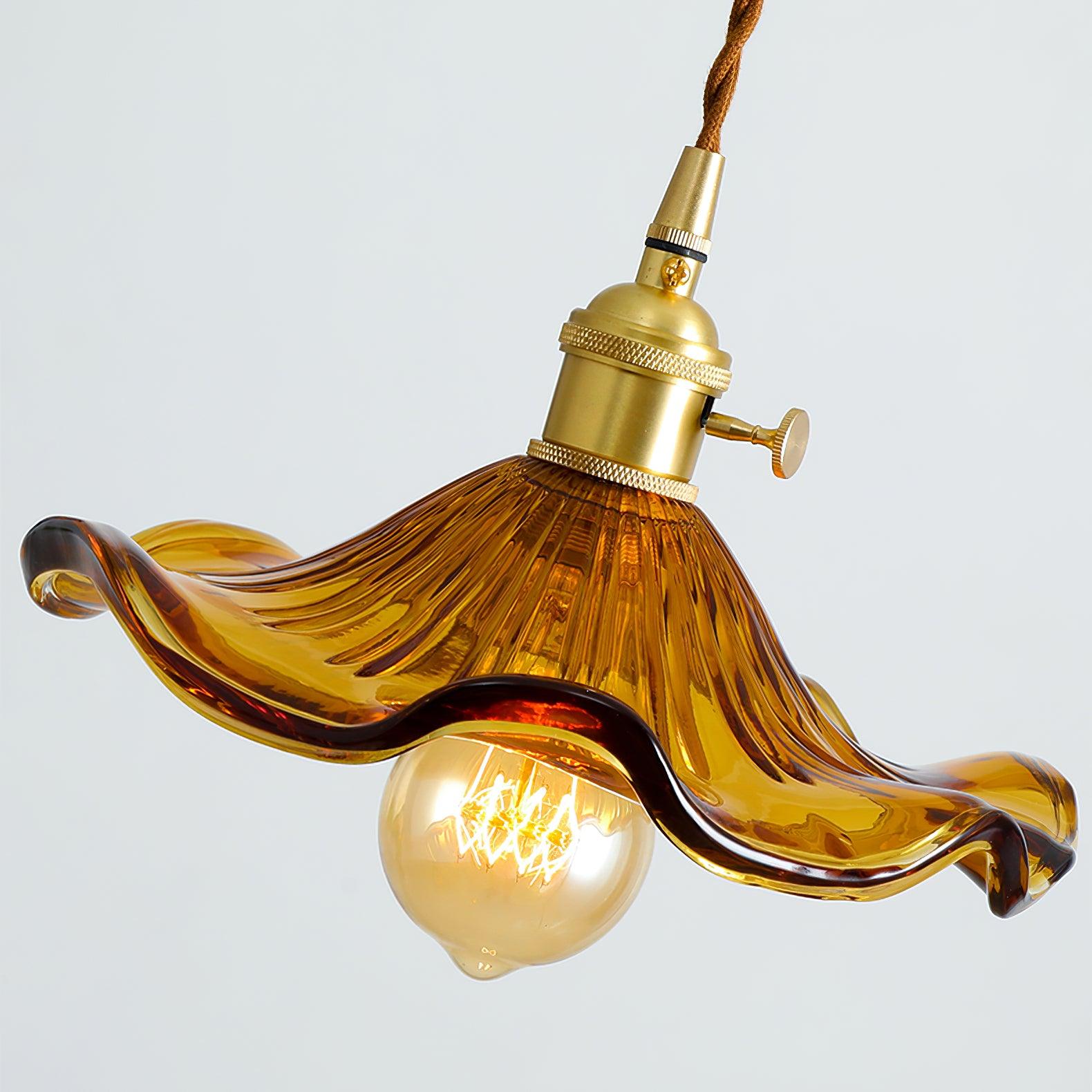Elegant Art Nouveau Fluted Glass Hibiscus Flower Pendant Light with Brass Accents