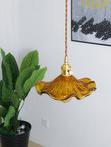 Elegant Art Nouveau Fluted Glass Hibiscus Flower Pendant Light with Brass Accents