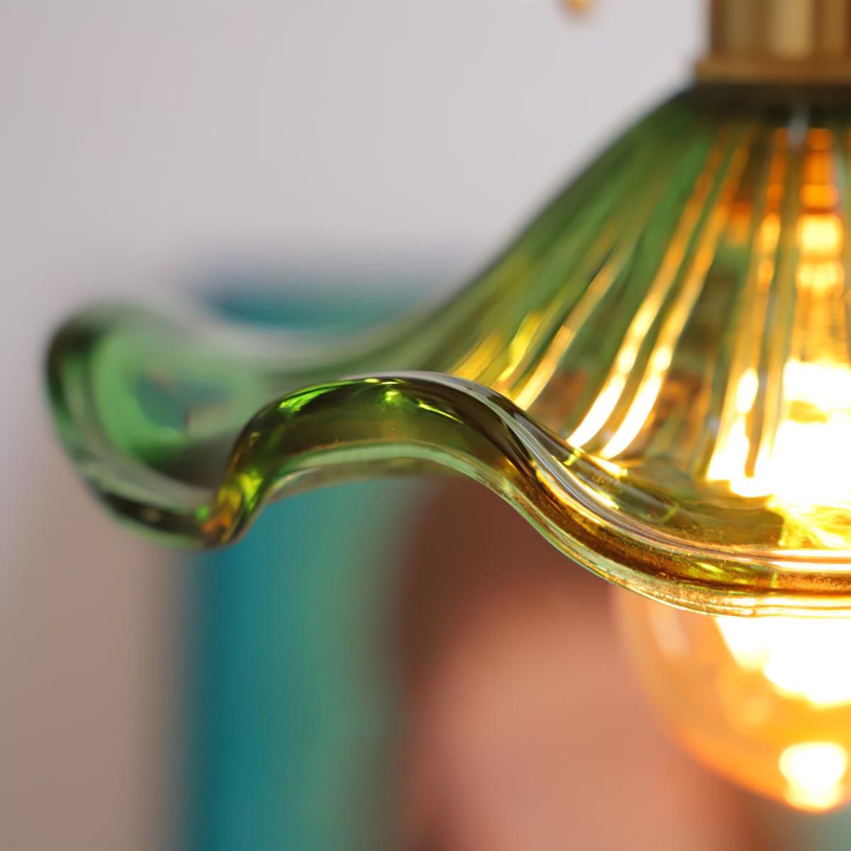 Elegant Art Nouveau Fluted Glass Hibiscus Flower Pendant Light with Brass Accents
