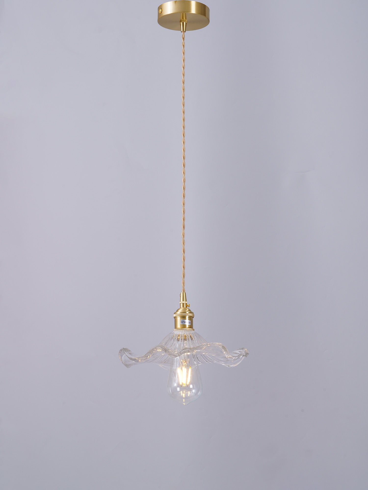 Elegant Art Nouveau Fluted Glass Hibiscus Flower Pendant Light with Brass Accents