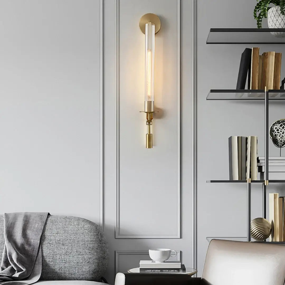 Elegant Brass and Ribbed Glass Architectural Wall Sconce French Style Minimalist Indoor Lighting