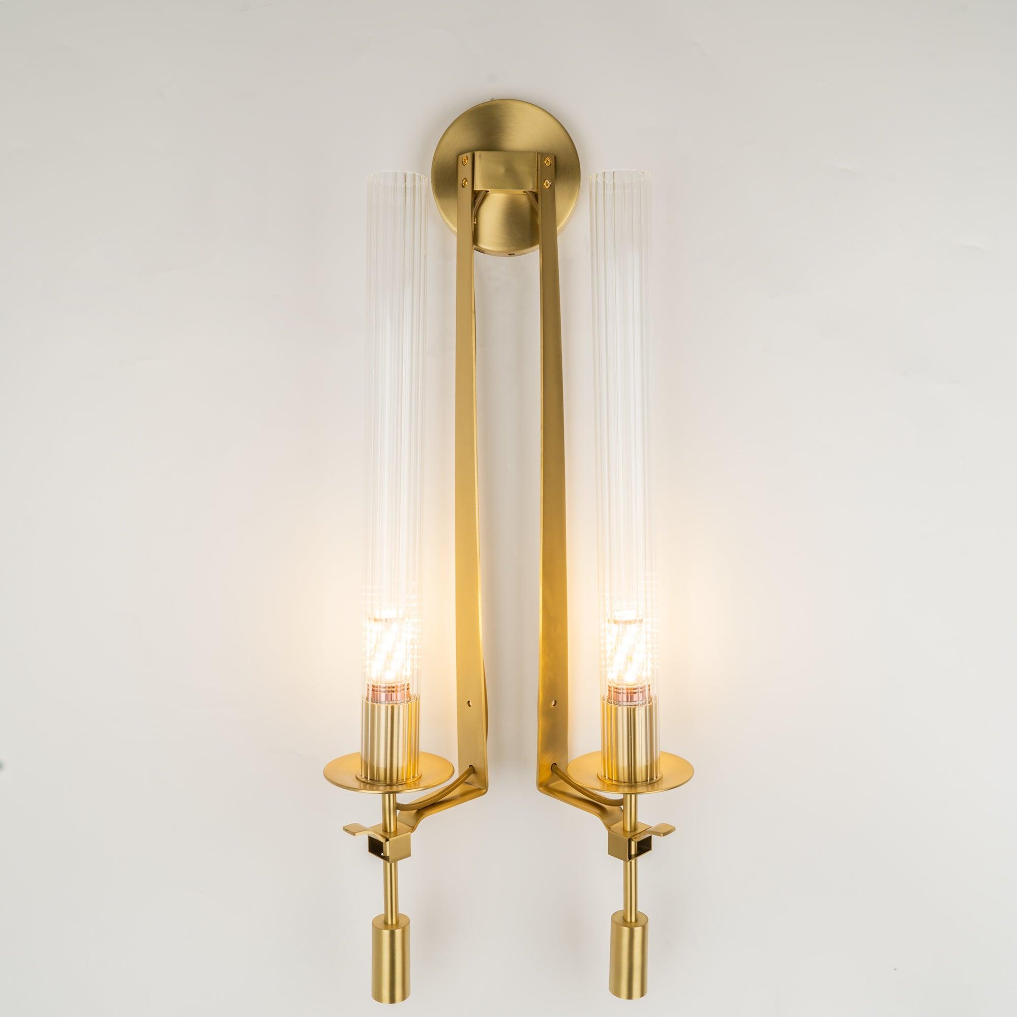 Elegant Brass and Ribbed Glass Architectural Wall Sconce French Style Minimalist Indoor Lighting
