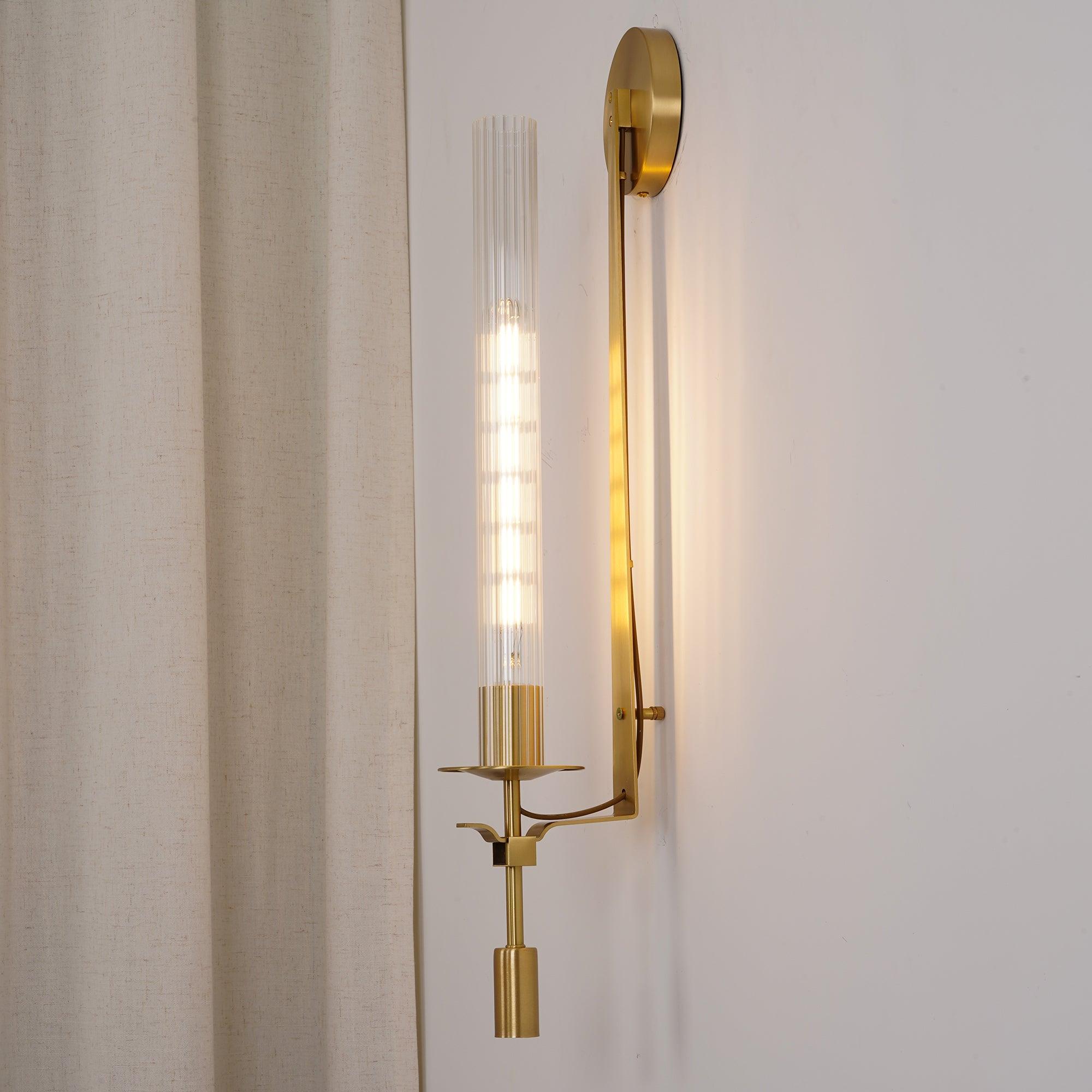 Elegant Brass and Ribbed Glass Architectural Wall Sconce French Style Minimalist Indoor Lighting