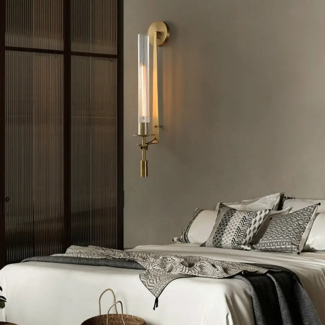 Elegant Brass and Ribbed Glass Architectural Wall Sconce French Style Minimalist Indoor Lighting