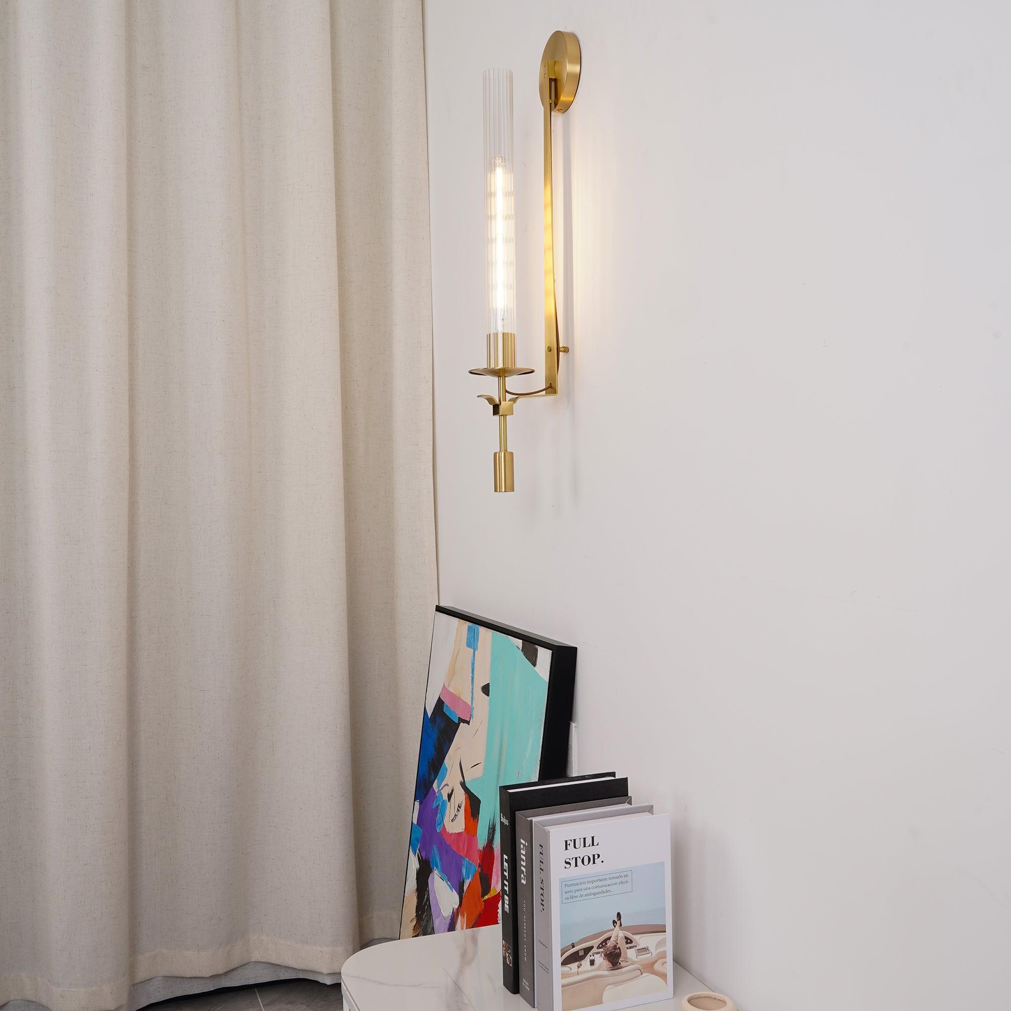 Elegant Brass and Ribbed Glass Architectural Wall Sconce French Style Minimalist Indoor Lighting