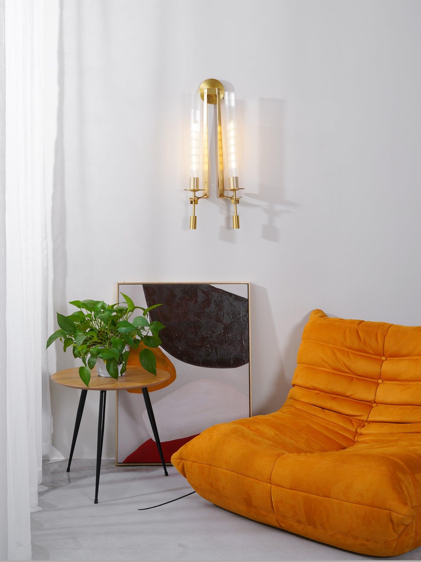 Elegant Brass and Ribbed Glass Architectural Wall Sconce French Style Minimalist Indoor Lighting