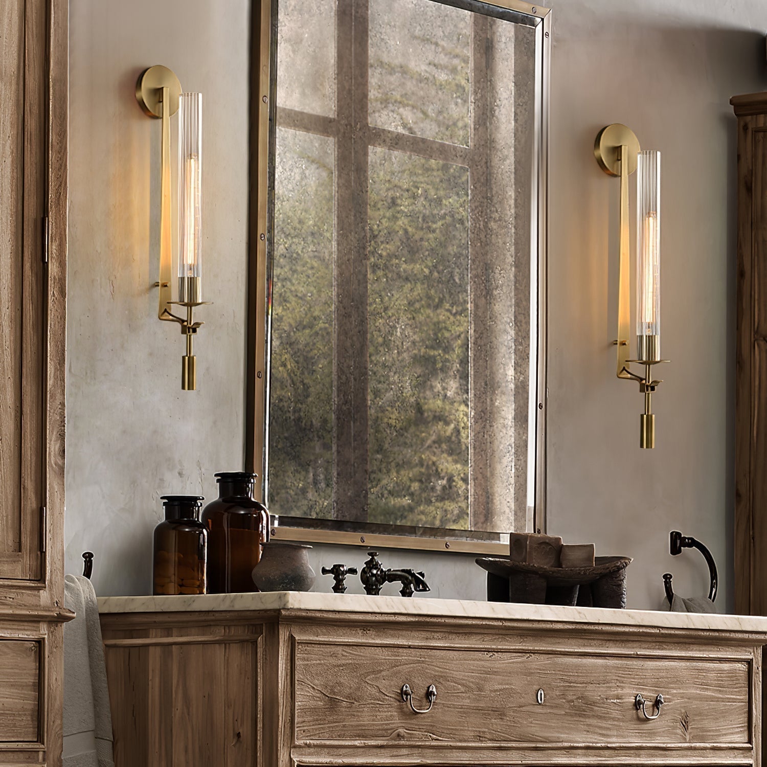Elegant Brass and Ribbed Glass Architectural Wall Sconce French Style Minimalist Indoor Lighting