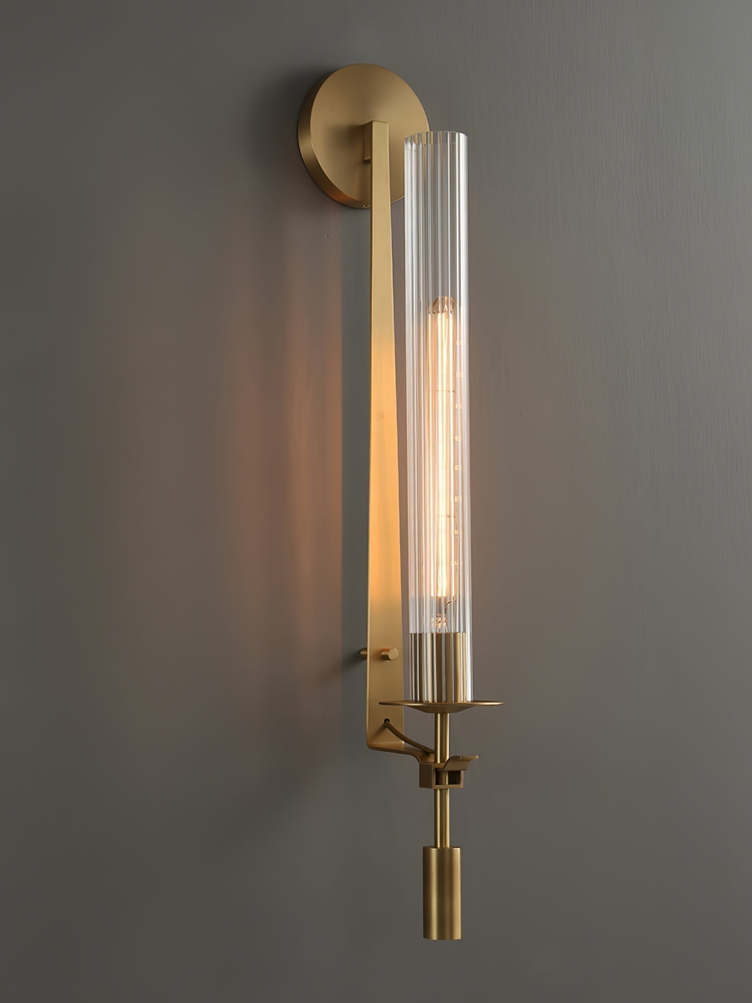 Elegant Brass and Ribbed Glass Architectural Wall Sconce French Style Minimalist Indoor Lighting