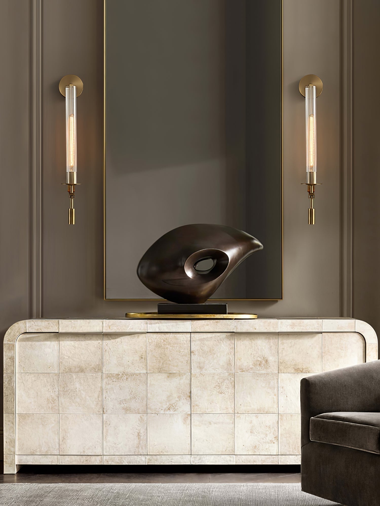 Elegant Brass and Ribbed Glass Architectural Wall Sconce French Style Minimalist Indoor Lighting