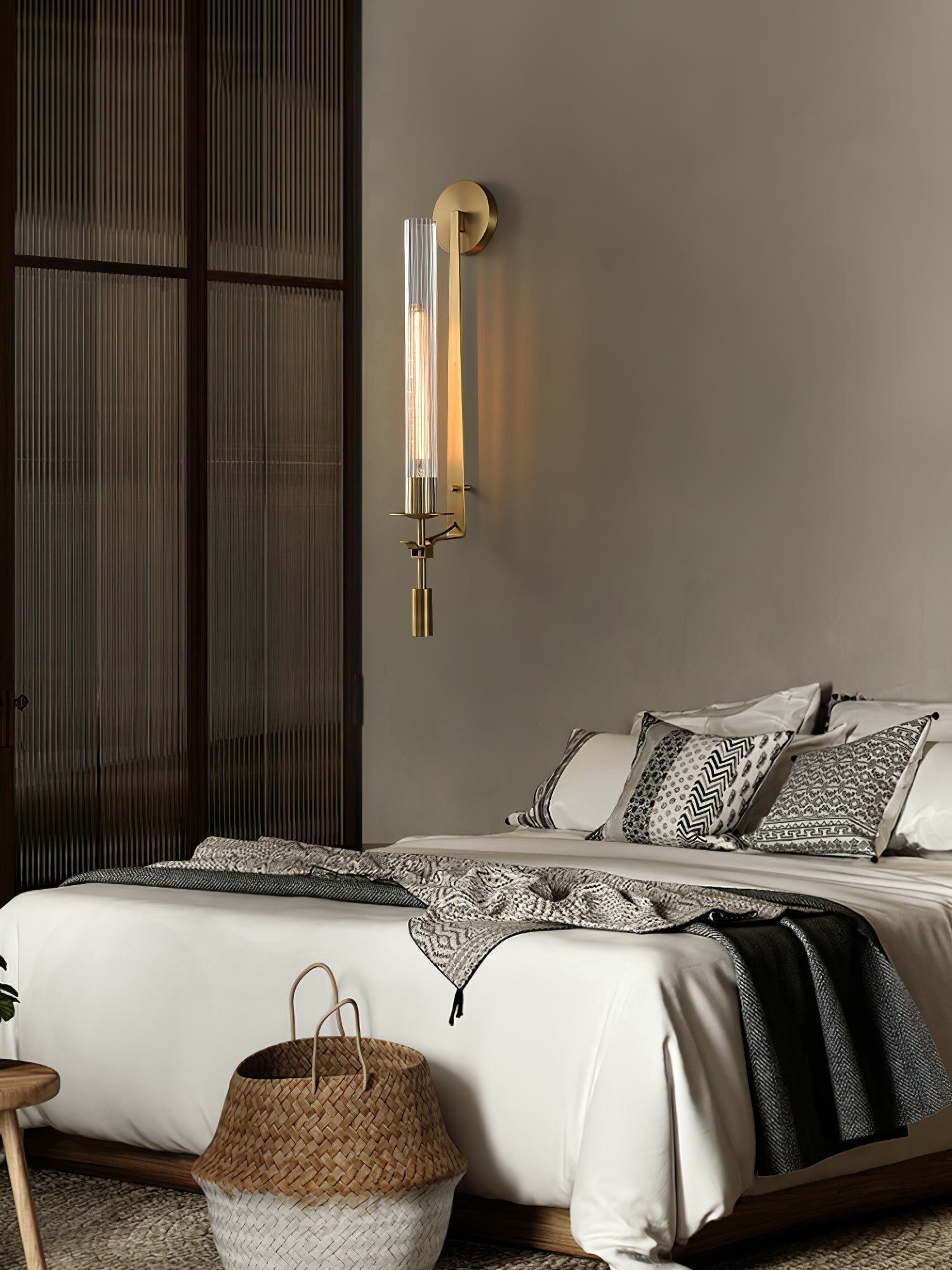 Elegant Brass and Ribbed Glass Architectural Wall Sconce French Style Minimalist Indoor Lighting
