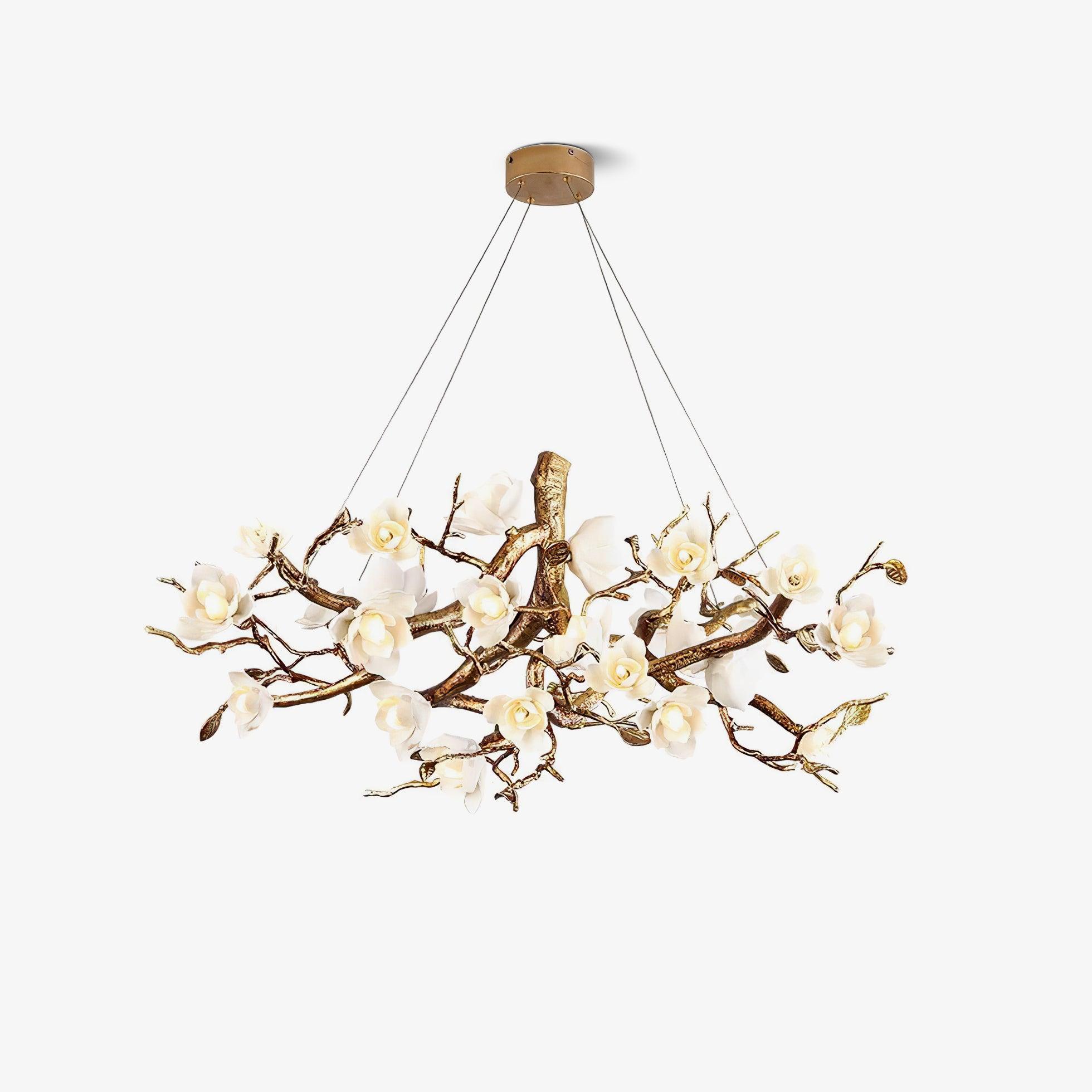 Elegant Brass Branch Ceiling Chandelier with White Ceramic Flowers for Luxury Interior Lighting