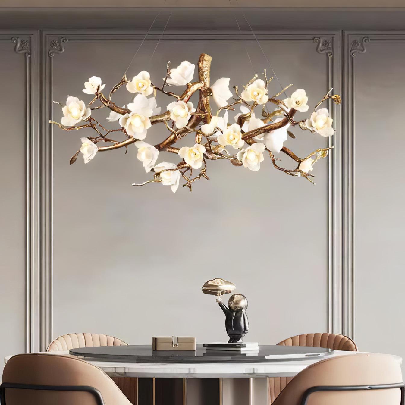 Elegant Brass Branch Ceiling Chandelier with White Ceramic Flowers for Luxury Interior Lighting