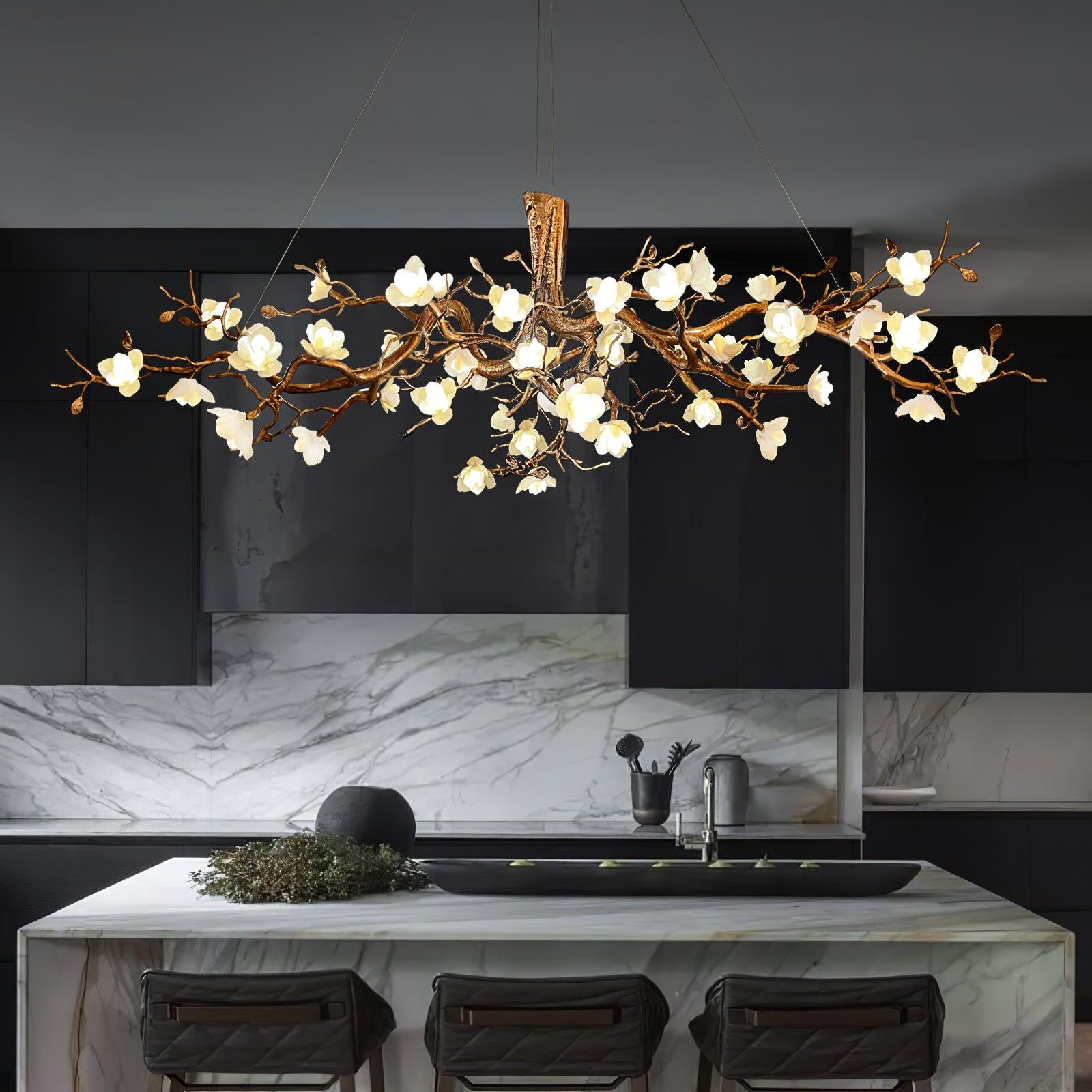 Elegant Brass Branch Ceiling Chandelier with White Ceramic Flowers for Luxury Interior Lighting