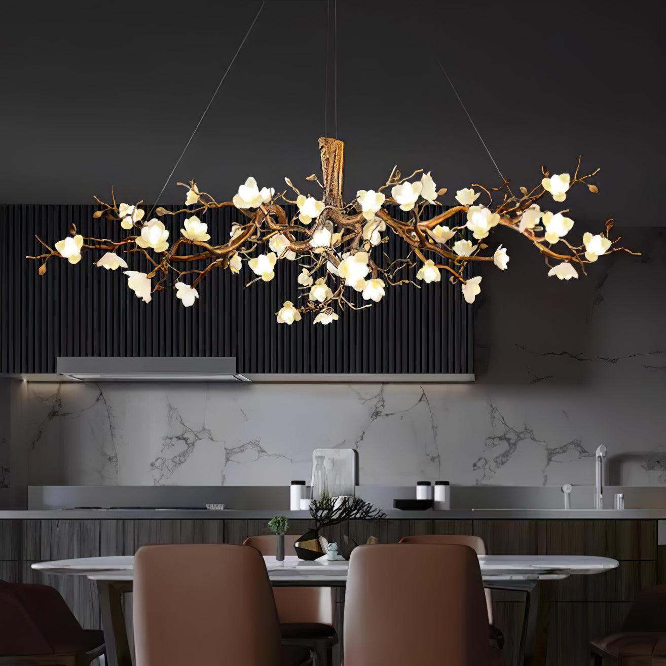 Elegant Brass Branch Ceiling Chandelier with White Ceramic Flowers for Luxury Interior Lighting