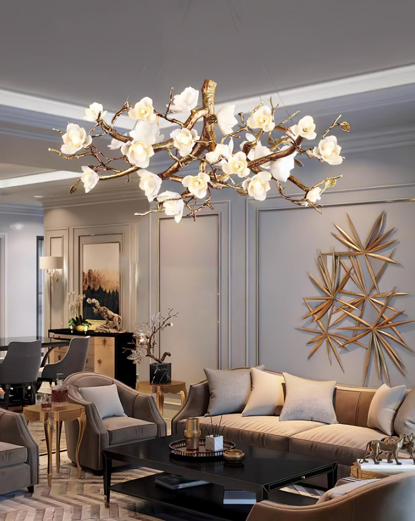 Elegant Brass Branch Ceiling Chandelier with White Ceramic Flowers for Luxury Interior Lighting